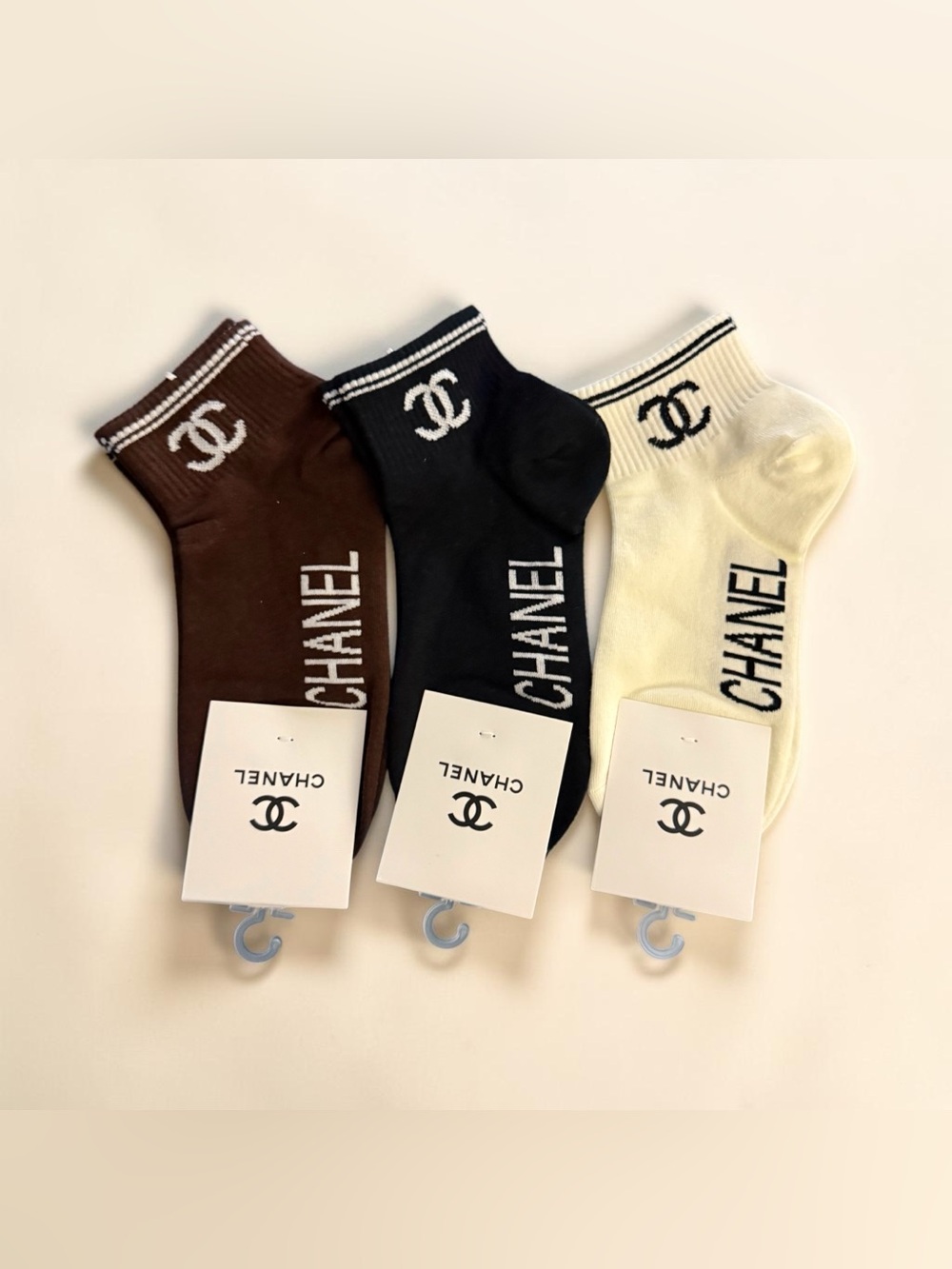 Designer Logo Ankle Socks Brown, Black, Cream 3 pairs small - medium size New